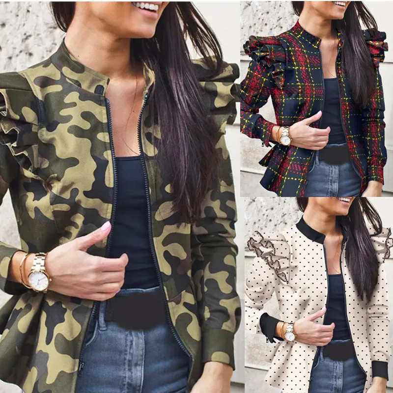 

2020 Autumn and Winter Long Sleeve Ruffles Stitching Zipper Printed Short Coat for Women