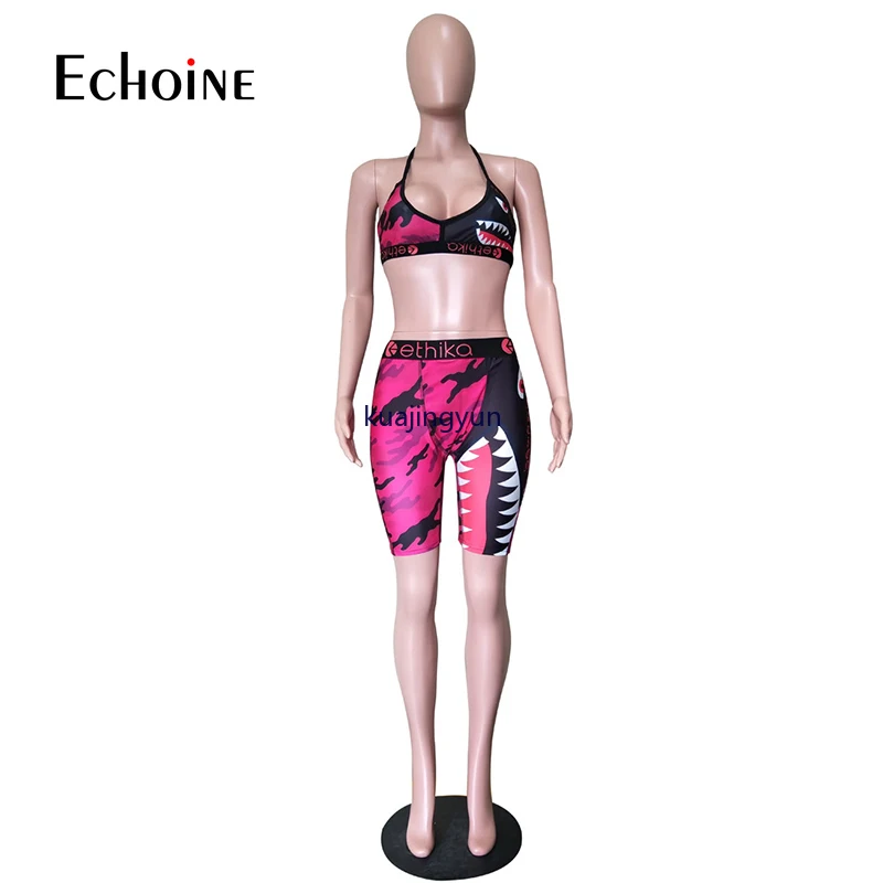 

Echoine Summer Sexy Colorful Print Women Two Piece Set Spaghetti O Neck Sleeveless Crop Top Biker Shorts Club Party Tracksuit