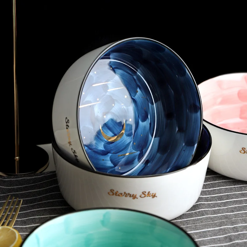 

Large Ceramic Soup Bowl Star Sky Lovely Rice Bowl Household Tableware Fruit Salad Plate Soup Noodles Cereals Ceramic Bowl