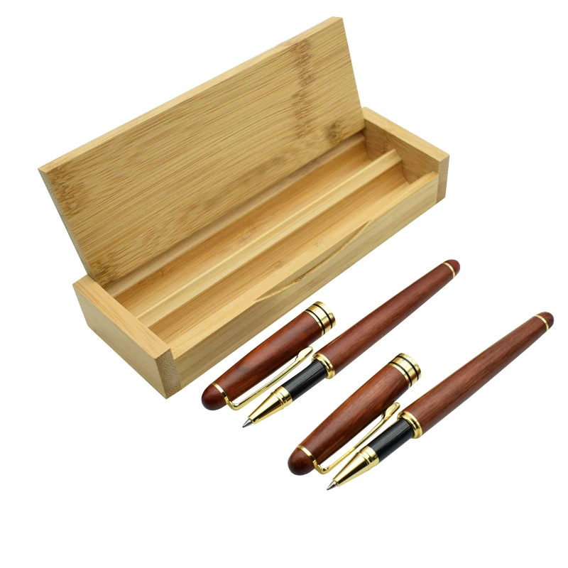 Один комплект 2 красное дерево гелевые ручки с подарочная шкатулка из бамбука