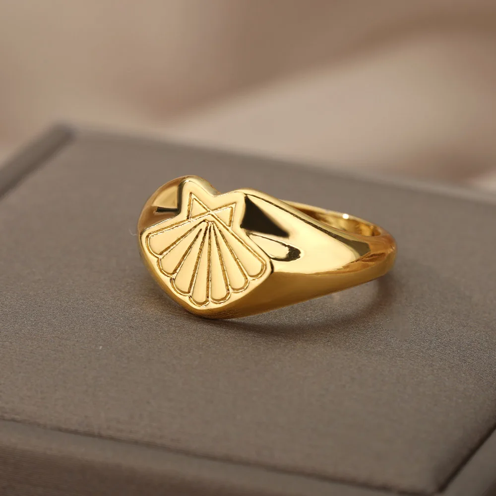

Carved Fan Leaf Rings Women Stainless Steel Gold Scalloped Ring Minimalist Jewelry Accessories Lover Party Gift Bague Femme