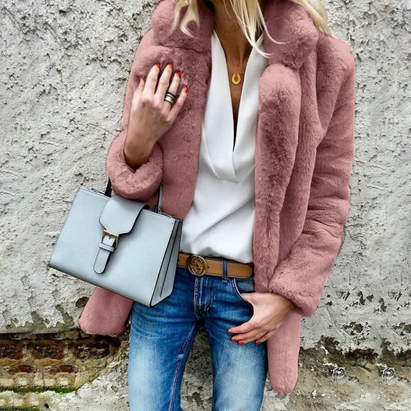 

Fashion Faux Fur Coat Women Solid Color Lapel Furry Outerwear Autumn Winter Warm Thick Casual Commute Jackets All-Match Faux Fur