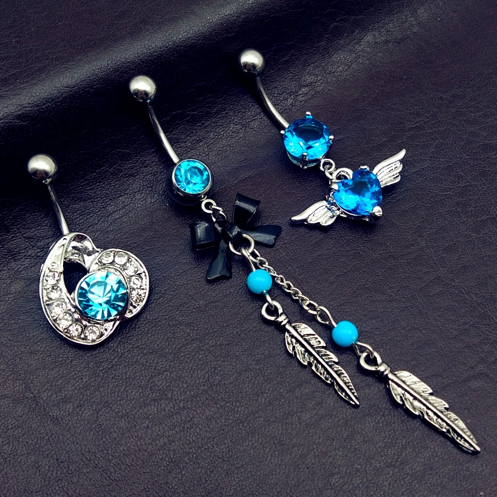 

3pcs 2019 new arrivals blue heart CZ bow mix style dangling navel belly bar button rings body piercing jewelry free shipping