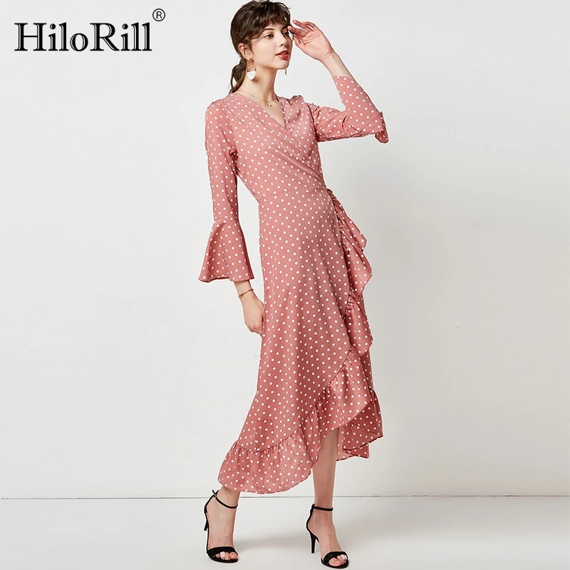 Женское длинное платье-туника HiloRill Повседневное платье в горошек с оборками