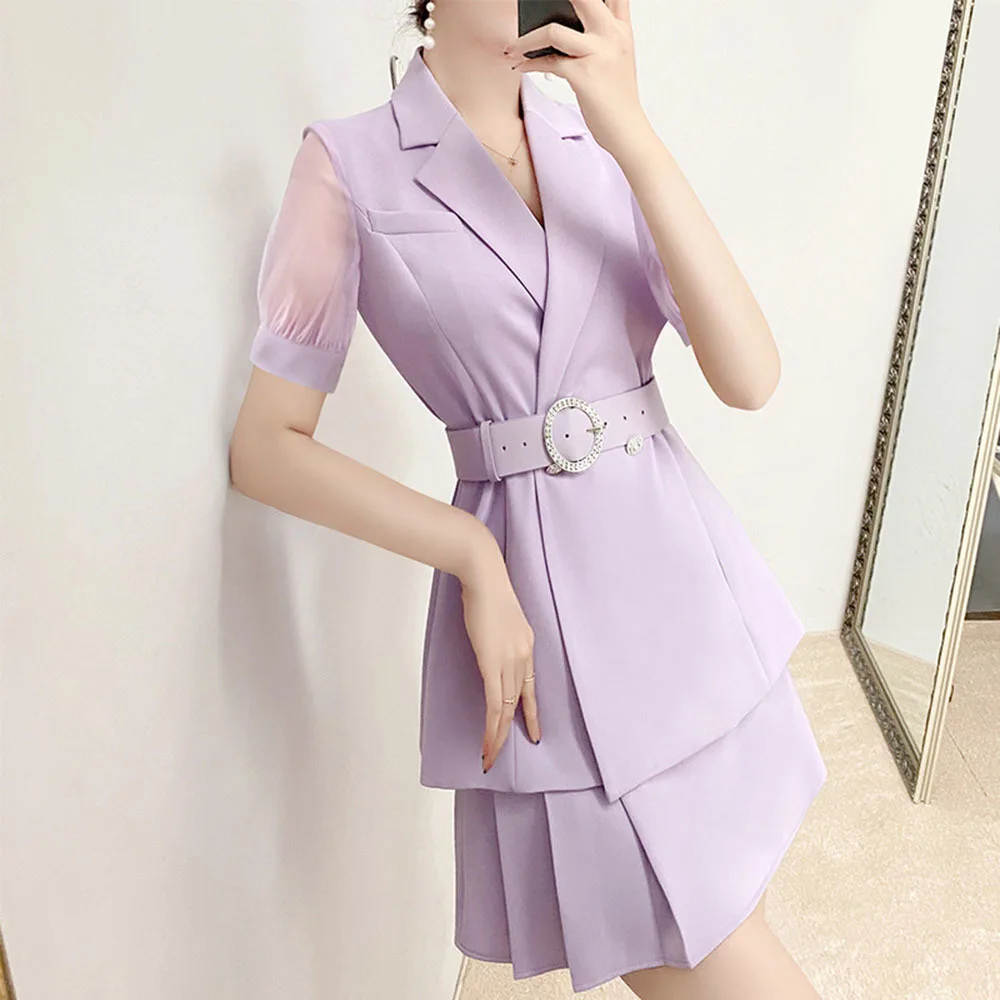 

Elegant 2021 Summer Office Lady Fashion New short-sleeved purple jacket + pleated Skirt Suits Two Piece Set Women With Belt