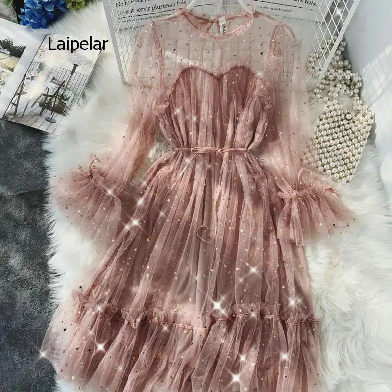 

New Female O-neck Stars Sequined Mesh Shiny Fairy Dress Women Elegant Bling Gauze Princess Puff Dresses Vestidos De Fiesta