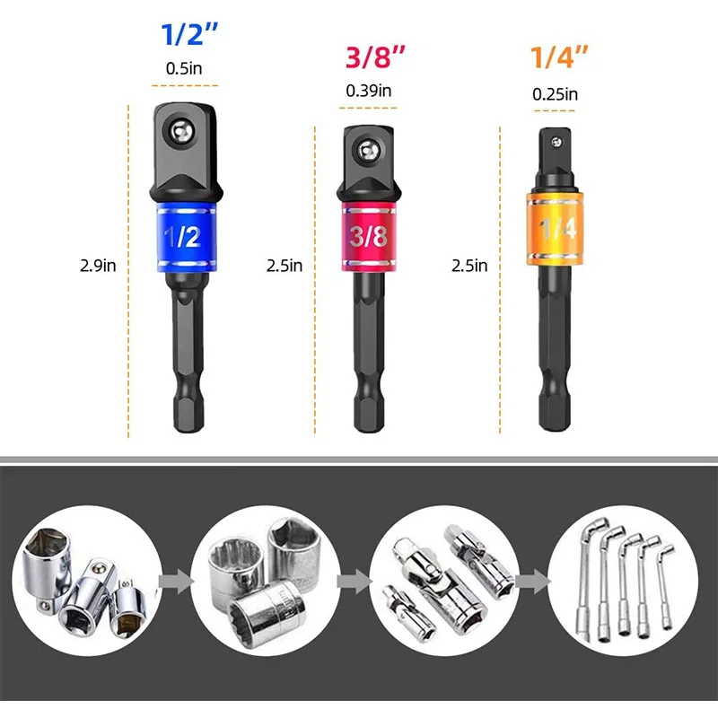 Taladro Flexible de extensión de vástago hexagonal tuerca para taladro conductor Juego de 3 uds Universal Juego de adaptadores de zócalo de Juego de puntas de destornillador