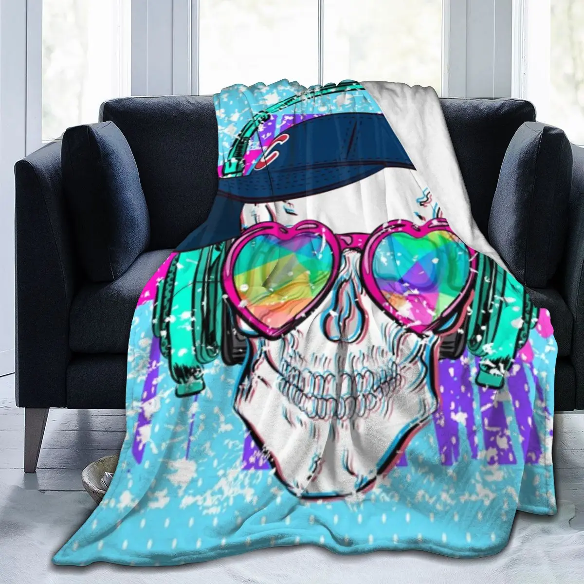 

Sugar Skull Super Soft Fleece Blanket Throw Headphone Music Sherpa Blanket Hip Hop Gothic Skull Fleece Blanket Music Theme Throw