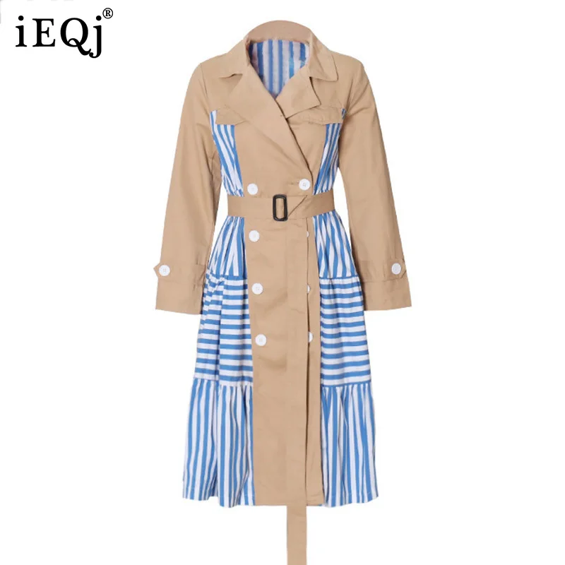 

IEQJ British Style 2021 Autumn New Fashion Silhouette Stripe Stitching Khaki With Belt Waist Long Windbreaker For Women 3I003