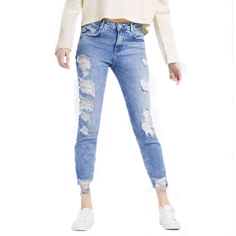 

2019 классические состаренные джинсы Для женщин со средней талией, обтягивающие рваные True джинсовые штаны узкие женские джинсы карандаш