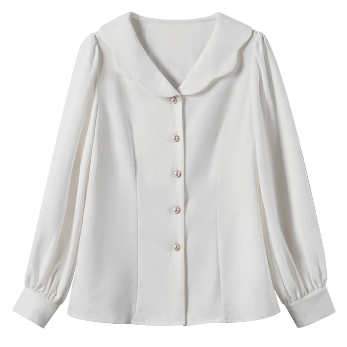

COIGARSAM French Style Full Shirt Womens tops Spring Puff Sleeve Peter pan Collar Women shirts White 1167
