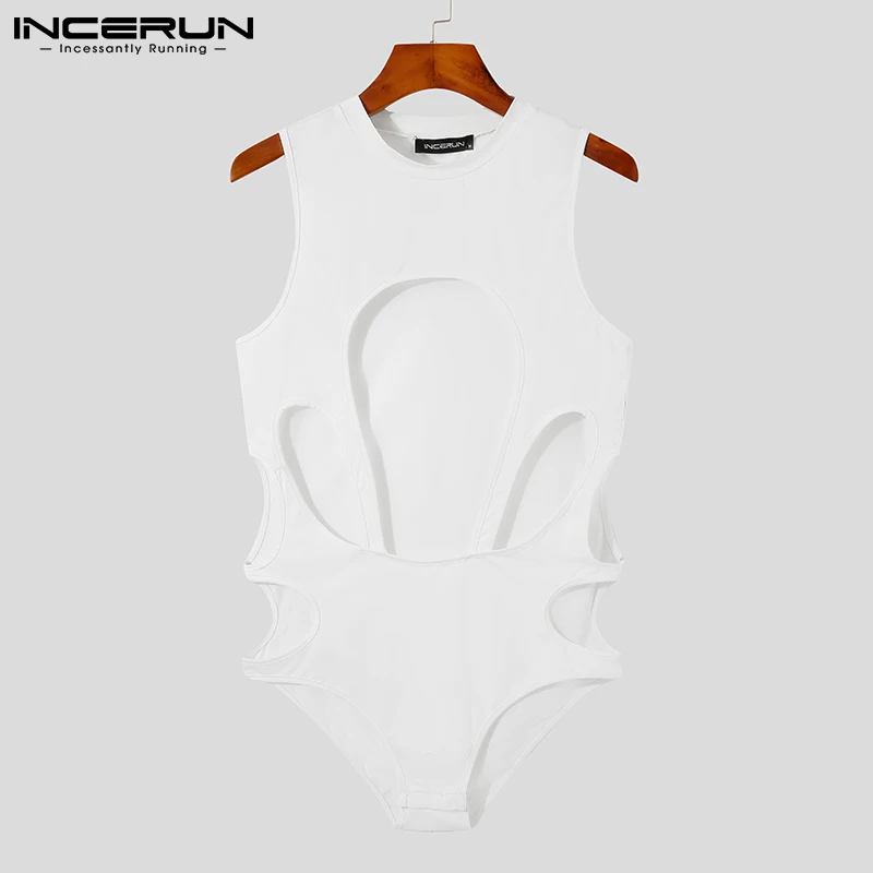 Men Bodysuits Pajamas Solid Color Hollow Out Underwear O-neck Sleeveless Sexy Cozy Skinny Sleepwear Men Bodysuit S-5XL INCERUN