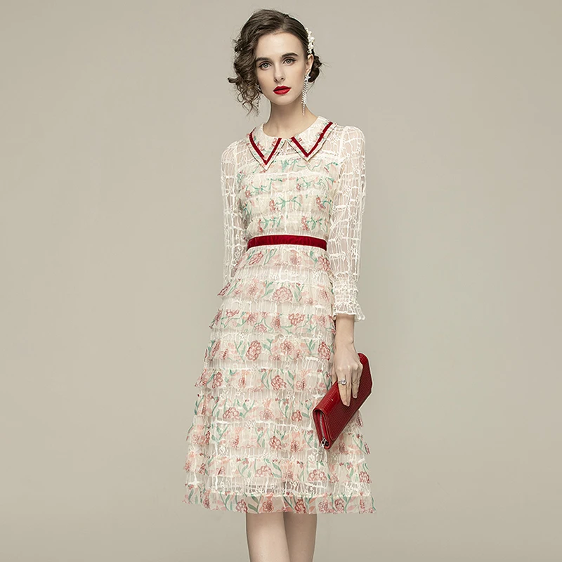 

Mesh Lace Summer Dress Women Peter Pan Collar Knee-Length Party Dress Vintage Runway High Waist Floral Print Office Lady B909