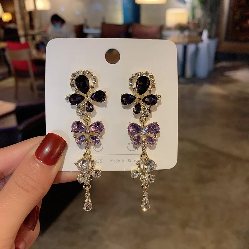 

Luxury Female Blue Purple White Crystal Earrings Charm Gold Color Wedding Earrings Big Butterfly Long Dangle Earrings For Women