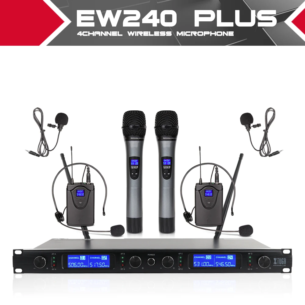 XTUGA Одежда высшего качества EW240PLUS 4 канала Беспроводной система микрофонов UHF караоке Системы беспроводные 2 ручной& 2 поясной дома Вечерние