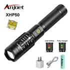 Мощный светодиодный фонарик Anjoet XHP50.2, Ультраяркий фонарик с фокусировкой, светодиодный фонафонарь с USB, перезаряжаемый фонарик с батареей 18650