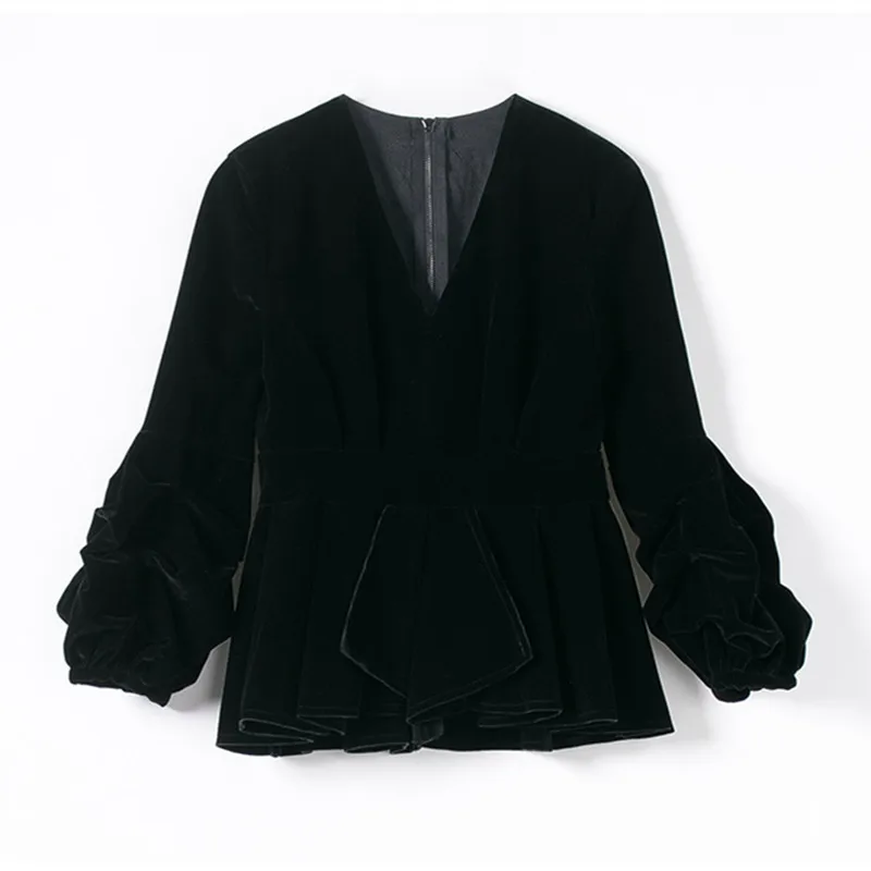 Женские осень зима черный бархат рубашки в винтажном стиле с v образным вырезом и