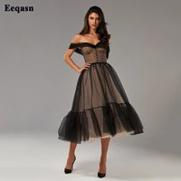 eeqasn black and champagne midi prom dresses polka dots off the shoulder buttons formal evening party gowns corset prom gowns