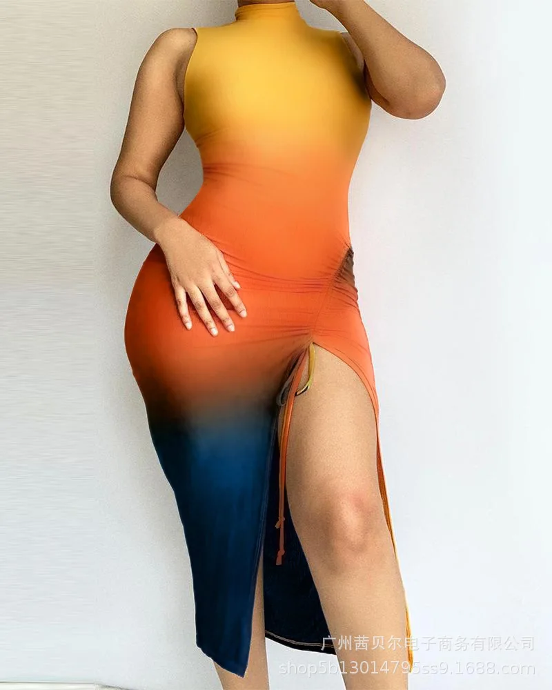 

Женское платье с градиентным переходом цвета, повседневное элегантное облегающее платье без рукавов с высоким воротником и разрезом, лето ...