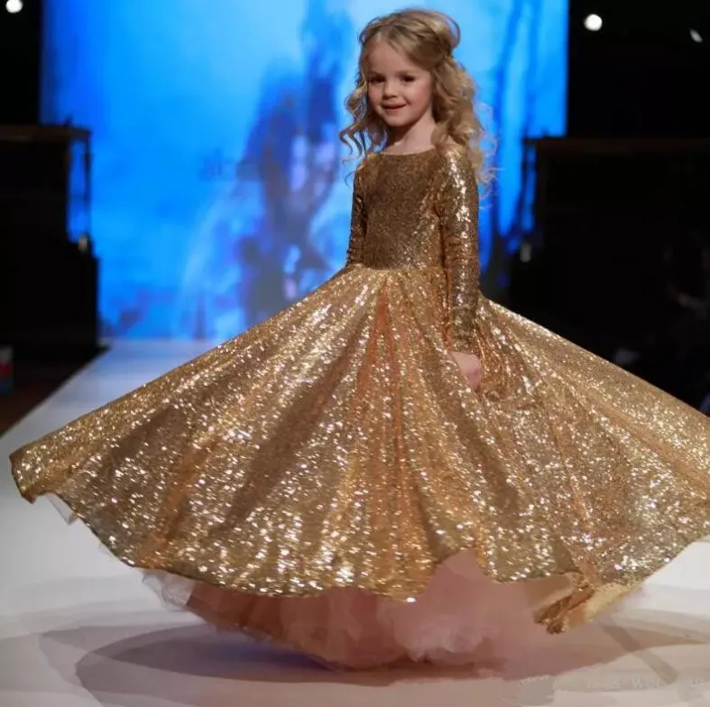 

Gorgeous Flower Girl Dresses With Sparkly Golden Sequined For School Event Little Girls Pageant Gowns Long Sleeves Formal Wears