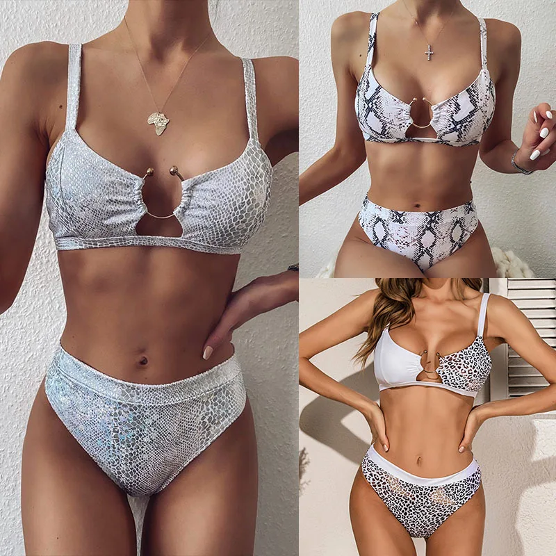 

High Waisted Bikini Serpentine Print Ring Sexy Swimwear Bandeau Swimsuit Women 2 Pieces Brazilian Biquini Beachwear Bathing Suit