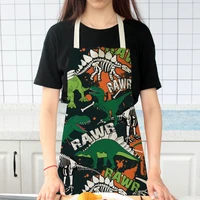 bbq kids aprons for cooking woman man student cute dinosaur faux linen printing black apron dress unisex kitchen accessories