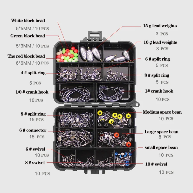 

160 Pcs/box Portable Fishing Tools Combo Kit Including Three-pronged Swivel Fixed Bead 8-shaped Swivel Connector Space Bean Cran
