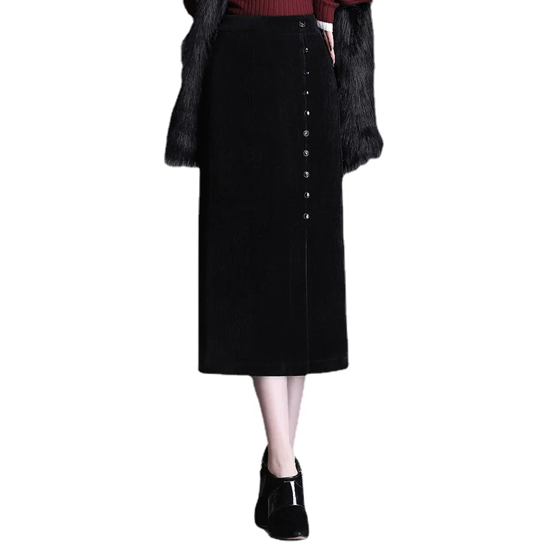 

Black Corduroy Pencil Skirt Women Vintage Elegant Slim Casual High Waist Button Mid-long Bodycon Skirt Lady Autumn Winter