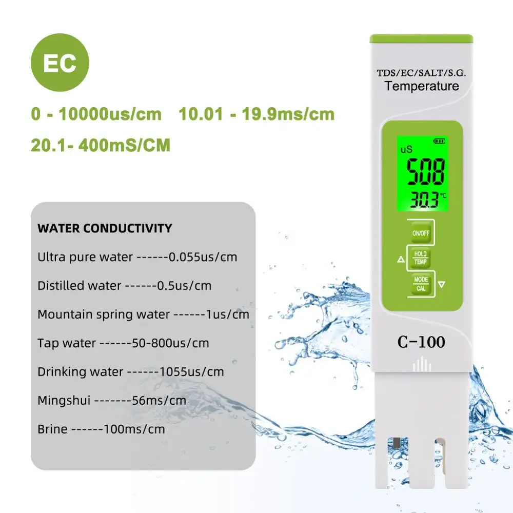 Yieryi Портативный рН-метр C-100 5 в 1 TDS/EC/соленость/S.G./температура воды тестовые