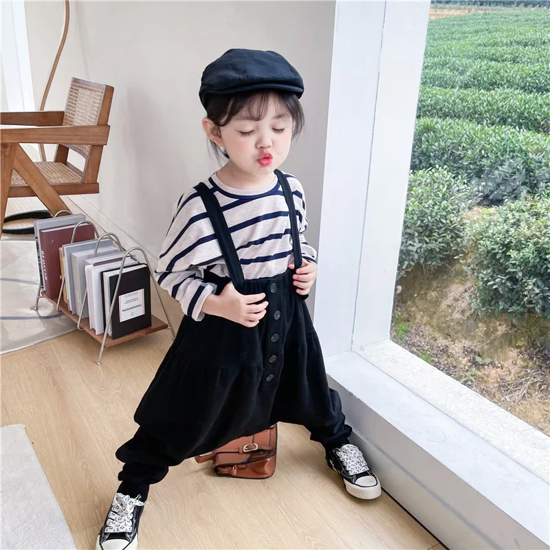 

Детский свободный костюм для танцев на улице, осень 2021, корейский стиль для мальчиков и девочек, в западном стиле, полосатая футболка + брюки ...