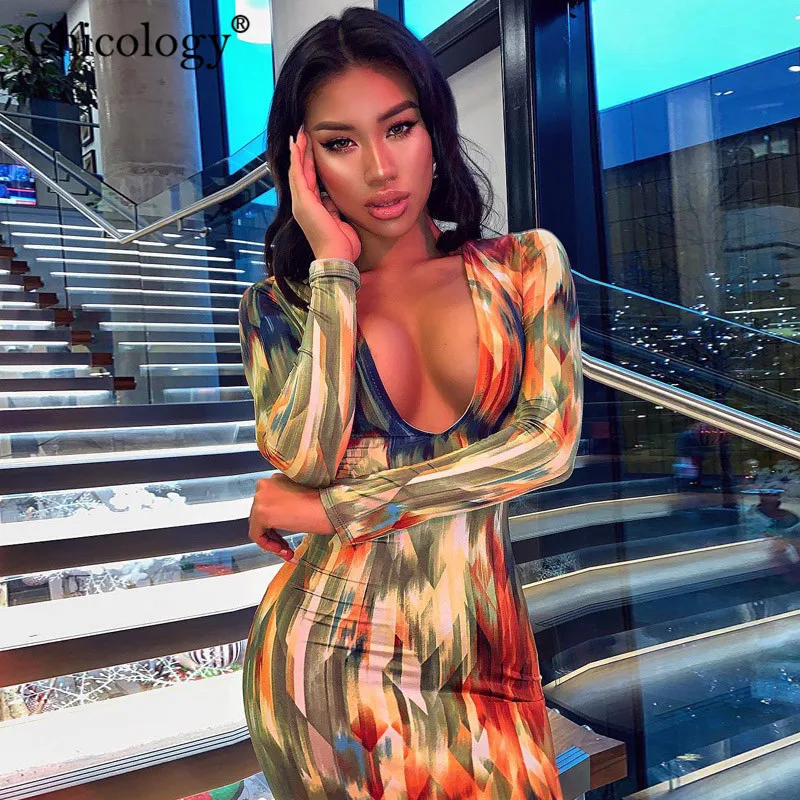 Chicology geometric print longs leeve v neck midi dress women sexy streetwear outfit 219 autumn winter party club casual clothes | Женская
