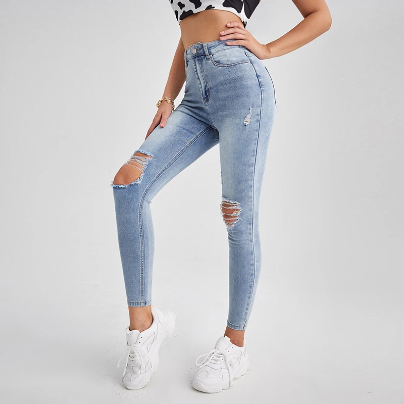

DenimColab Light Wash Elastic Holes Jeans Pants Women Slim High Waist Skinny Pencil Pants Ladies Stretch Casual Jeans Trousers