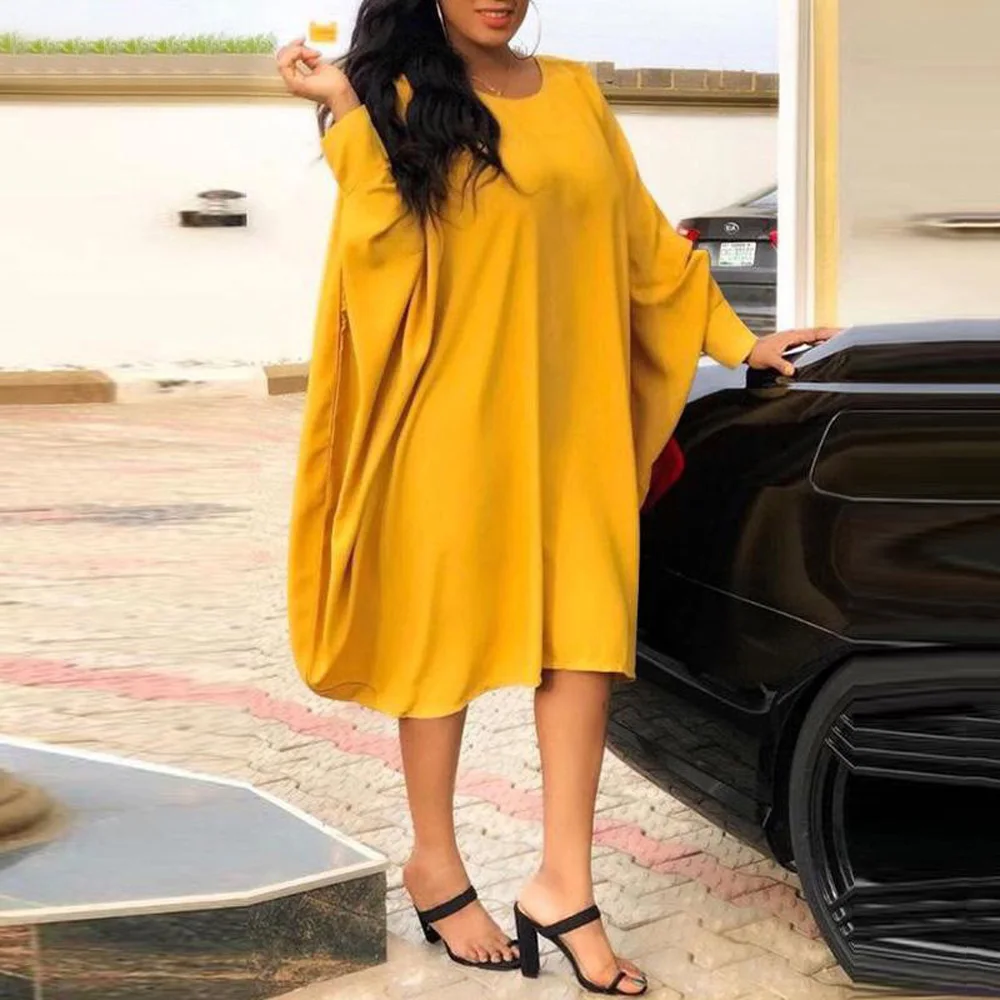 

4XL 5XL Plus Size Yellow Dress for Women Loose Batwing Sleeve Pullovers Mid Calf Fashion Elegant Evening Night Party Dresses Big