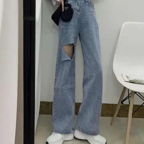 

Women's new summer wear jeans with holes show slim high waist and wide legs straight tube drop feeling retro student pants trend