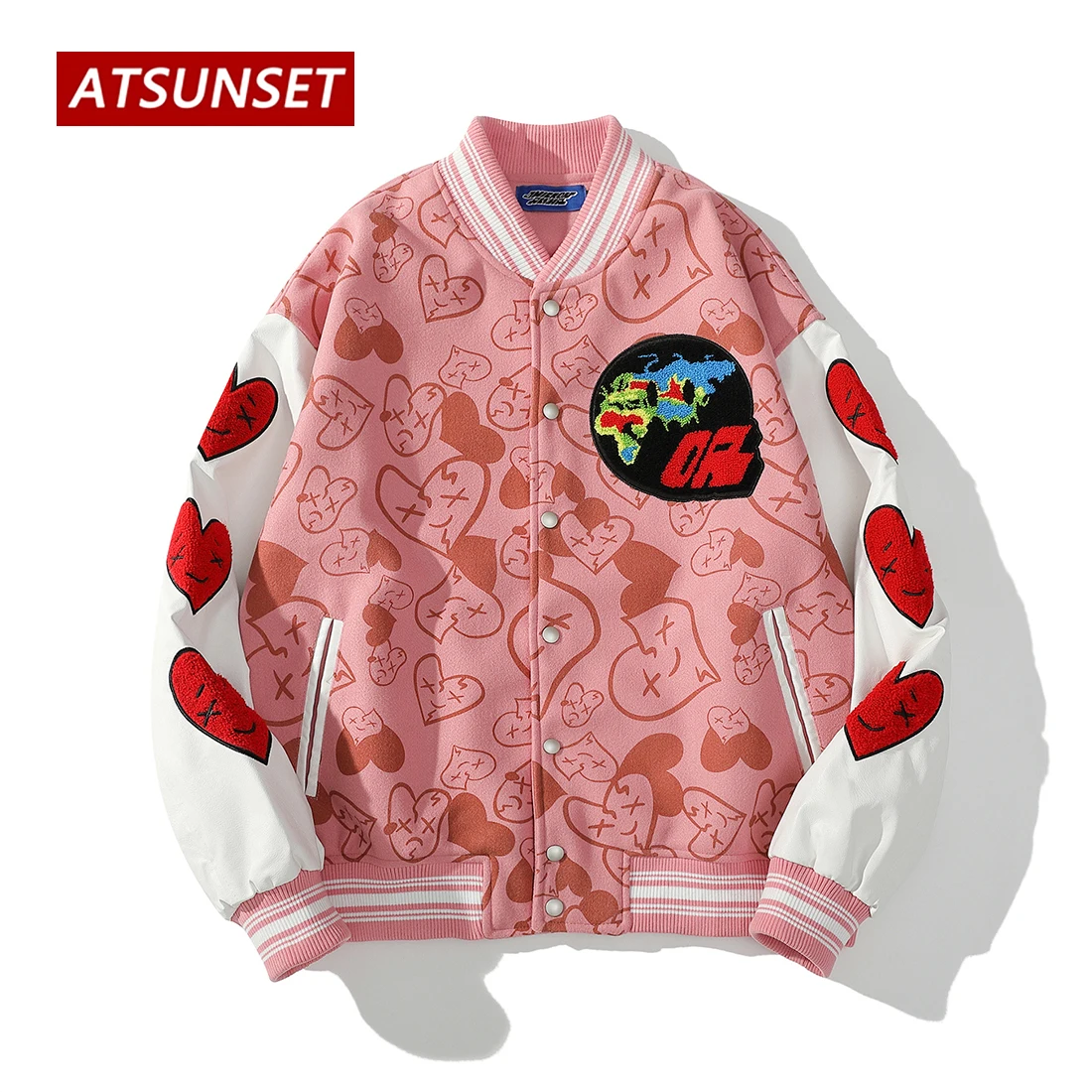 ATSUNSET Full Of Love Hip Hop Baseball Jacket Harajuku Retro Varsity Jacket Fashion Casual Cotton Coat Streetwear Tops