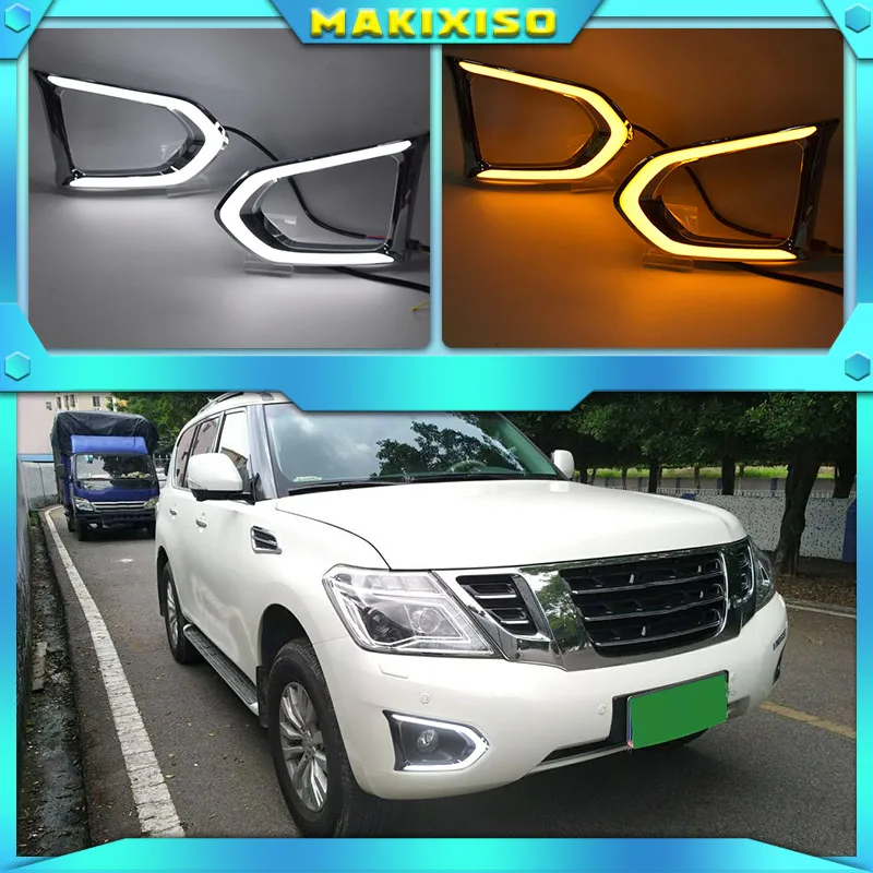 

1Pair Car LED DRL For Nissan Patrol Y62 2016 2017 2018 Daytime Running Light With Yellow Turn Signal Night Blue Fog Lamp