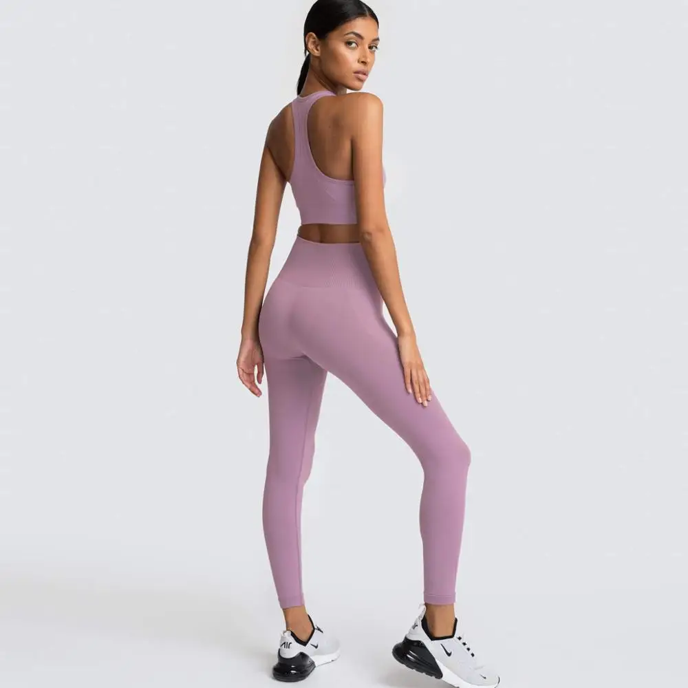 women gym clothing solid workout set 2pcs seamless Yoga set knitted sports fitness top gym leggings high waist women sportwear
