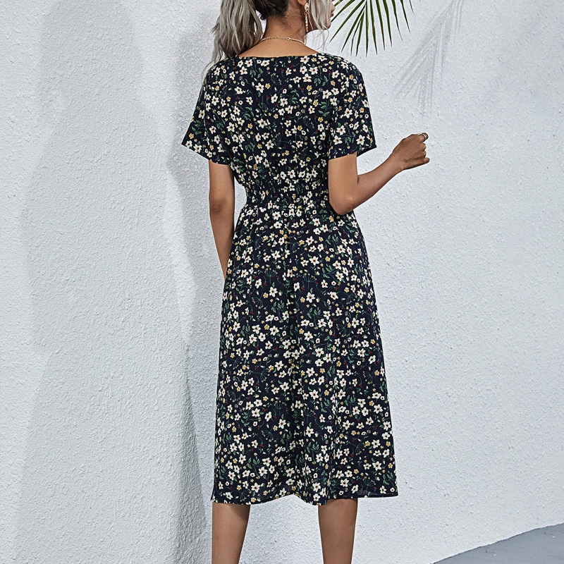 Новинка 2021 летнее пляжное платье с цветочным рисунком V-образным вырезом