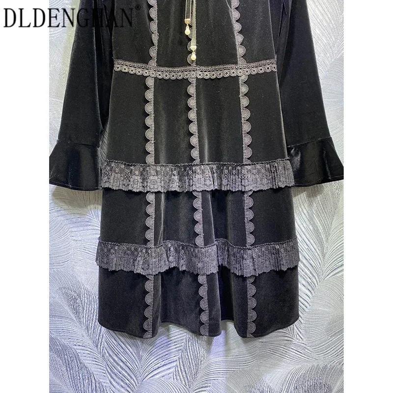 

DLDENGHAN Fashion Lace Patchwork Velvet Dress Flare Sleeve Stand Collar Dresses Designer Autumn New