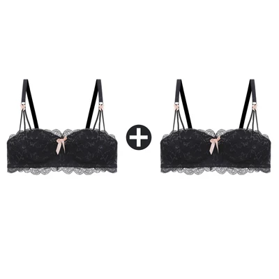 Black And Black Top 2 шт., бюстгальтеры для женщин, маленькая грудь, беспроводной бюстгальтер, кружевной бесшовный бюстгальтер с эффектом пуш-ап и трусики, набор, половина чашки, сексуальные трусы, нижнее белье - Цвет: Black And Black Top
