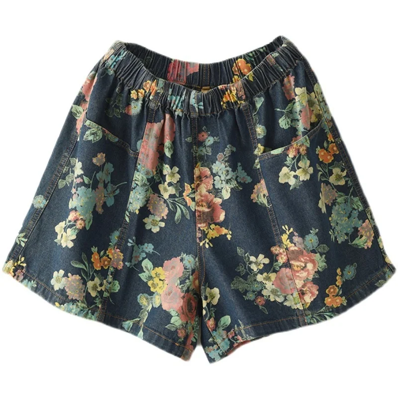 

SOUL OF TIGER British New Style 2021 Summer Shorts Vintage Loose Women Wide Leg Pants Pockets Casual Ladies Elastic Blue Jeans