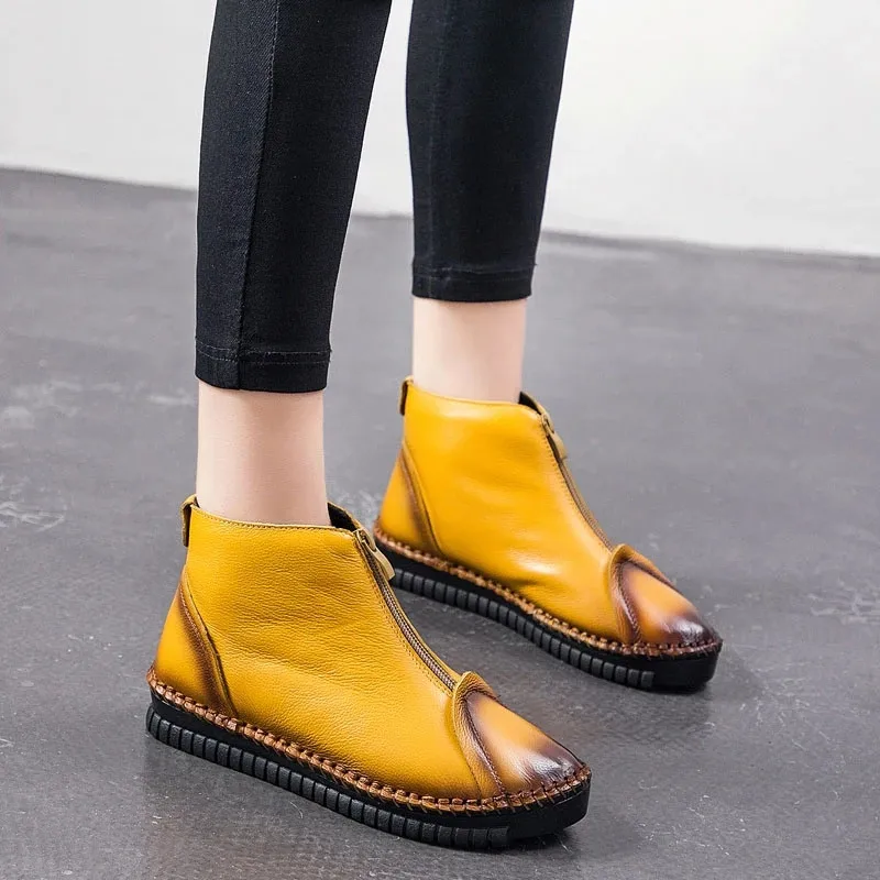 

Женские зимние ботинки на молнии спереди, ботильоны ручной работы из натуральной кожи на плоской подошве, теплая зимняя обувь, Осень-зима 2021