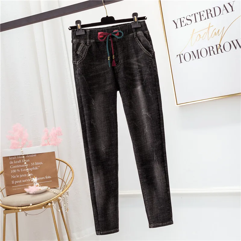 Женские джинсы с завышенной талией черные свободные эластичные брюки со