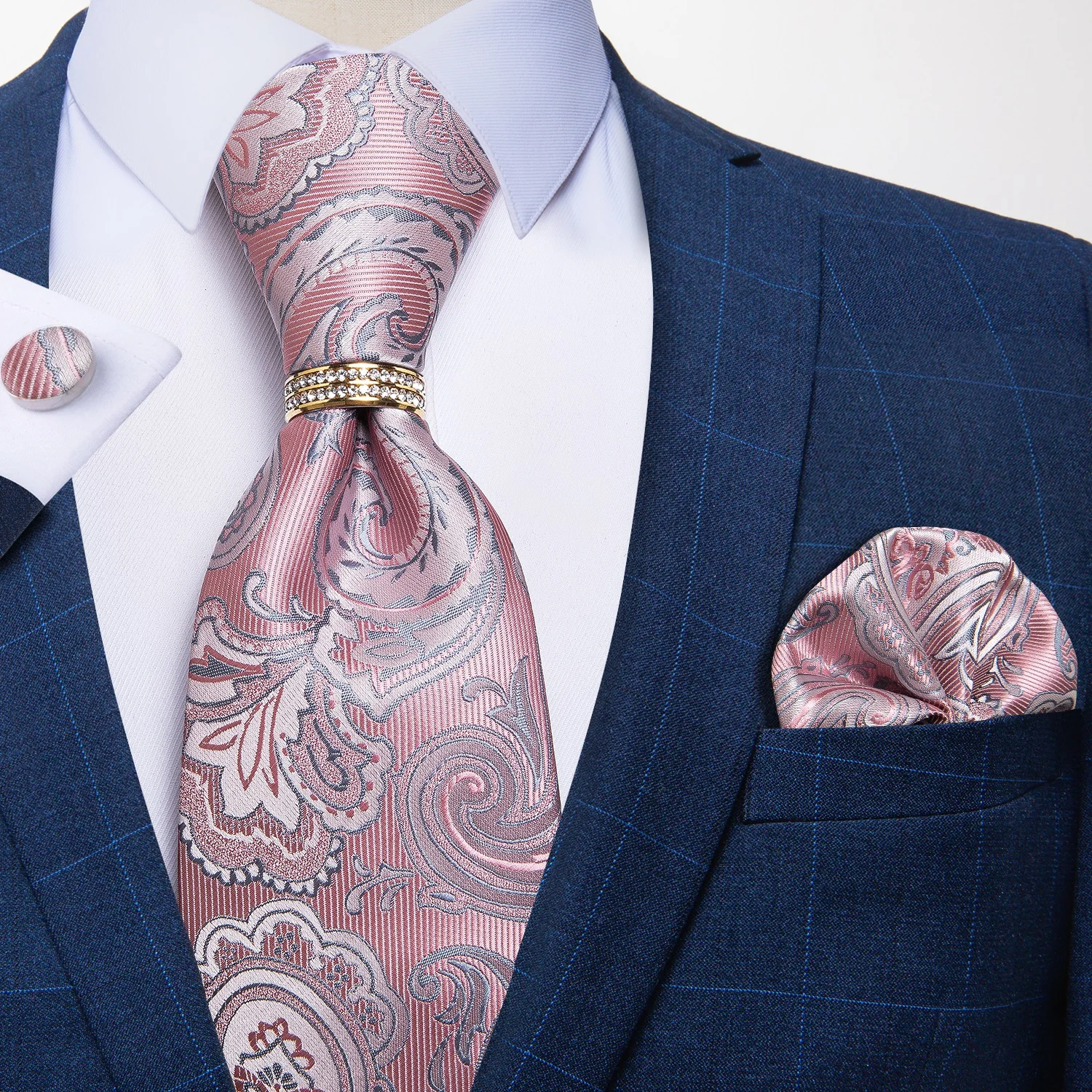 

Men Tie Pink Paisley Floral Silk Jacquard Woven Wedding Tie Business Formal Necktie Handkerchief Cuffinks Ring Set DiBanGu