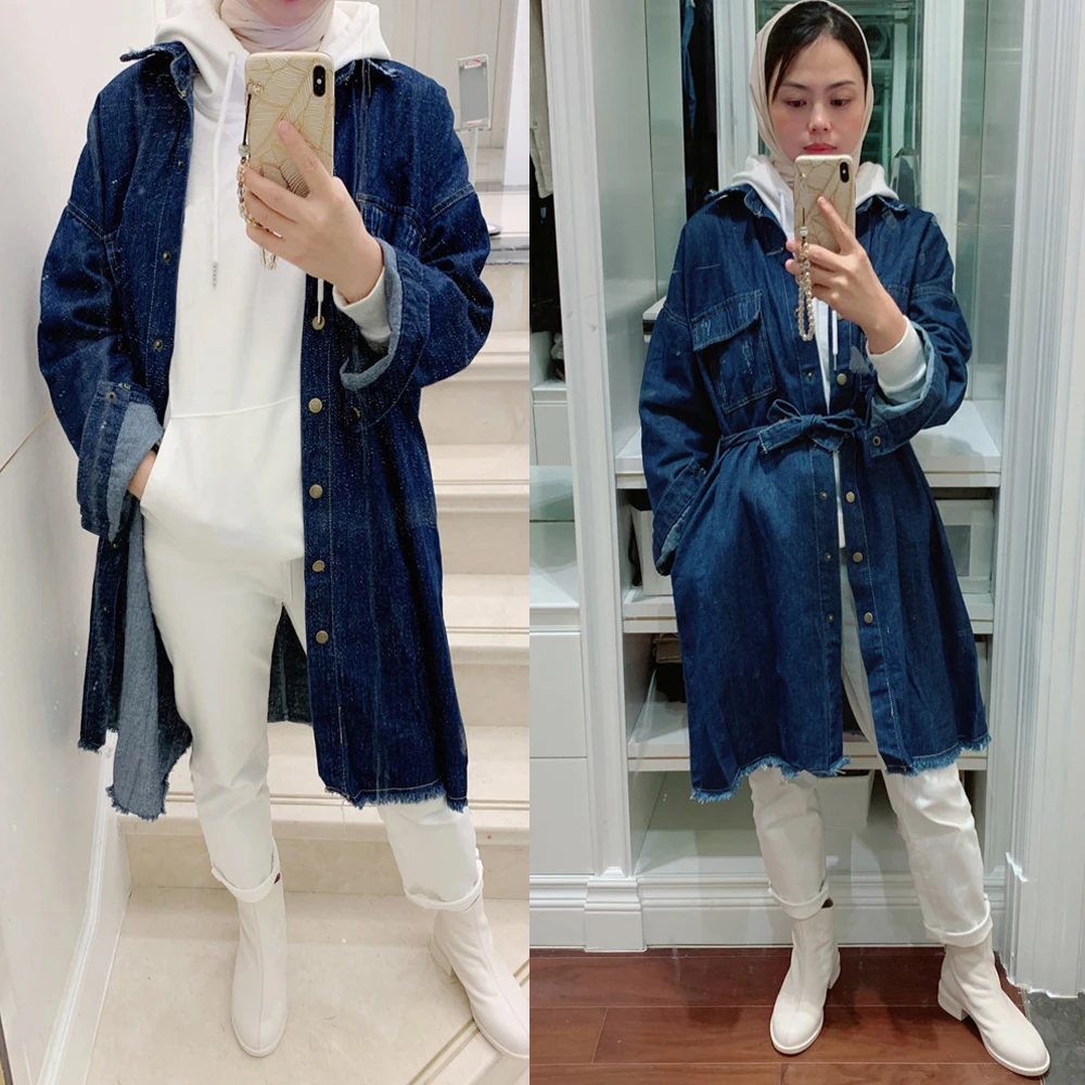 

Women Denim Long Jackets Casual Muslim Arabic Middle East Dubai Outwear Islamic Long Sleeve Coat Streetwear Outfits With Belt