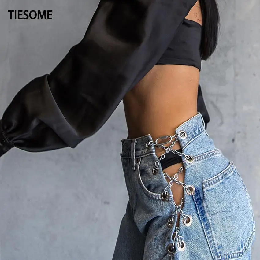 Женские джинсы с цепочкой на молнии разрезами по бокам лето-осень | Женская