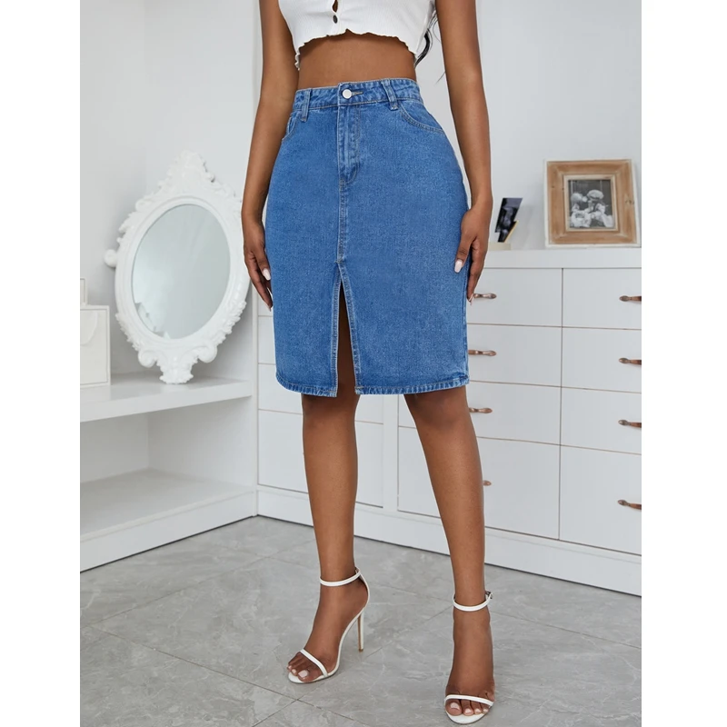 

Denim Skirt Women's Casual Solid Color High Waist Skirt Autumn Fashion Button Slim Fit Slit Denim Skirt