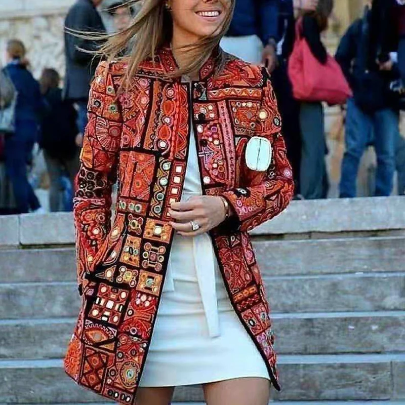 

Casual Stand Up Collar Pocket Cardigan Jackets Autumn Long Sleeve Loose Women Coats Winter Elegant Pattern Print Retro Outerwear