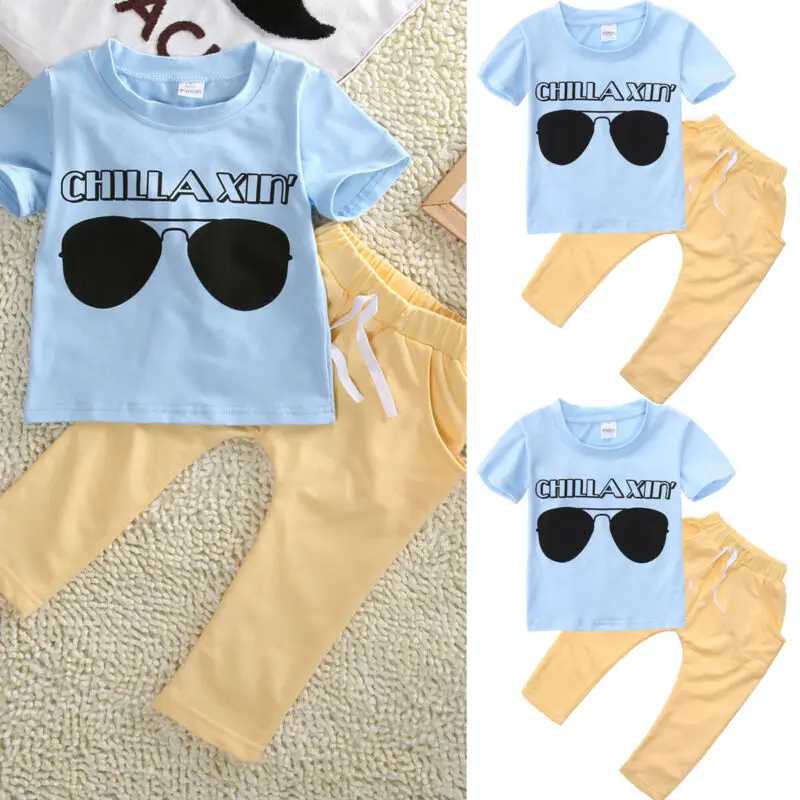 Детская одежда для маленьких мальчиков футболка Топ + длинные штаны комплект