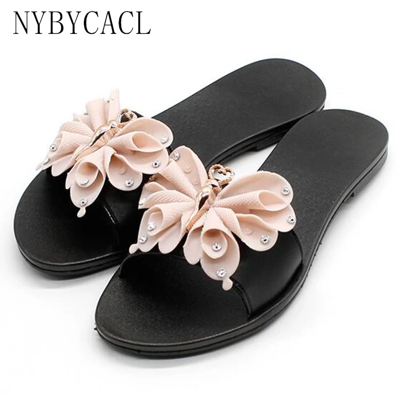 

Summer Lovely Bow Women Slides Black Home Outside Flat Beach Shoes Summer Rhinestone Plastic Jelly Fashion Slippers Size 40
